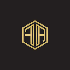 Initial letter FA, minimalist line art hexagon shape logo, gold color on black background