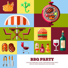 Abstract vector poster or banner template. BBQ and grill illustration. Barbecue food, equipment and tools icons.
