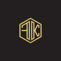 Initial letter FK, minimalist line art hexagon shape logo, gold color on black background