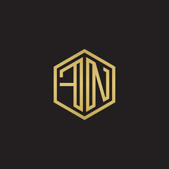 Initial letter FN, minimalist line art hexagon shape logo, gold color on black background