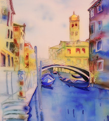Venice, Italy, gondolas - an original modern batik, painting on silk