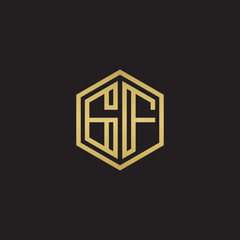 Initial letter GF, minimalist line art hexagon shape logo, gold color on black background