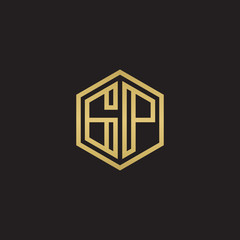 Initial letter GP, minimalist line art hexagon shape logo, gold color on black background