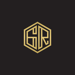 Initial letter GR, minimalist line art hexagon shape logo, gold color on black background