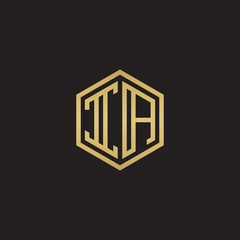 Initial letter IA, minimalist line art hexagon shape logo, gold color on black background