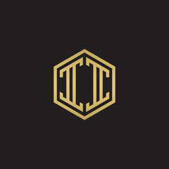 Initial letter II mirror, minimalist line art hexagon shape logo, gold color on black background