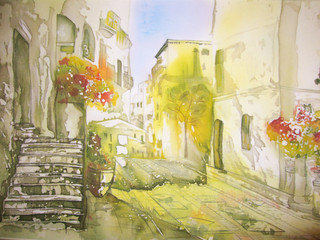 European city landscape - an original modern batik painting on silk