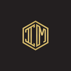 Initial letter IM, minimalist line art hexagon shape logo, gold color on black background