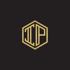 Initial letter IP, minimalist line art hexagon shape logo, gold color on black background