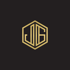 Initial letter JG, minimalist line art hexagon shape logo, gold color on black background