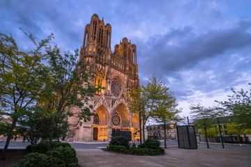 Early evening illumination of central Reims cathedral, France - 203850617