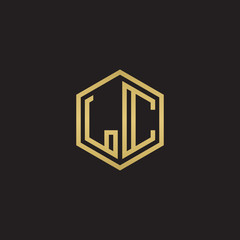 Initial letter LC, minimalist line art hexagon shape logo, gold color on black background