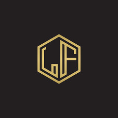 Initial letter LF, minimalist line art hexagon shape logo, gold color on black background
