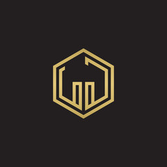 Initial letter LJ, minimalist line art hexagon shape logo, gold color on black background