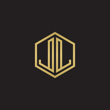 Initial letter LL mirror, minimalist line art hexagon shape logo, gold color on black background