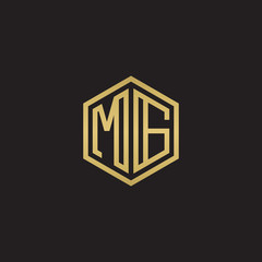 Initial letter MG, minimalist line art hexagon shape logo, gold color on black background