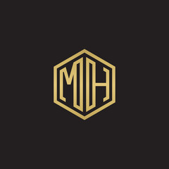 Initial letter MH, minimalist line art hexagon shape logo, gold color on black background