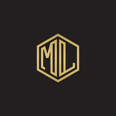 Initial letter ML, minimalist line art hexagon shape logo, gold color on black background