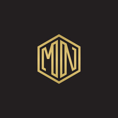 Initial letter MN, minimalist line art hexagon shape logo, gold color on black background