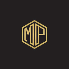Initial letter MP, minimalist line art hexagon shape logo, gold color on black background