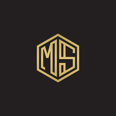 Initial letter MS, minimalist line art hexagon shape logo, gold color on black background