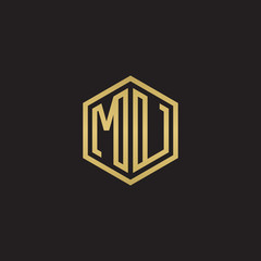 Initial letter MU, minimalist line art hexagon shape logo, gold color on black background