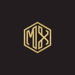 Initial letter MX, minimalist line art hexagon shape logo, gold color on black background