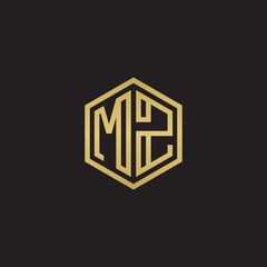 Initial letter MZ, minimalist line art hexagon shape logo, gold color on black background