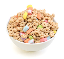 marshmallow kids cereal in white bowl on white background