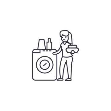 Dish Washing Machine Vector Line Icon, Sign, Illustration On White Background, Editable Strokes