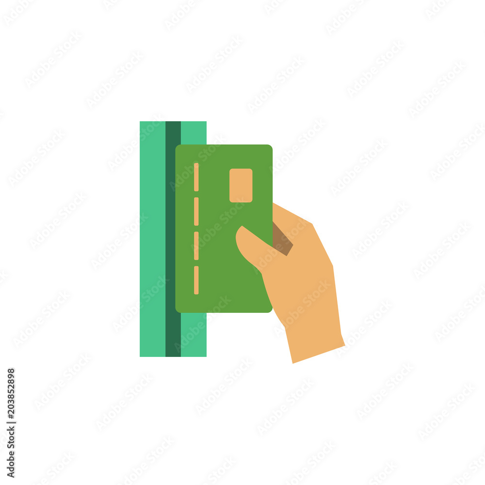 Aufkleber conducts a card through the terminal colored icon. element of bankings for mobile concept and web ap
