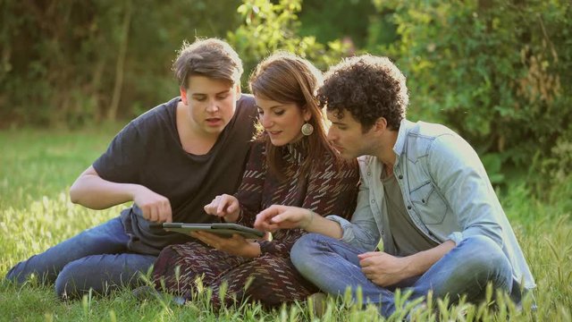 portrait of Young Friends sitting on a meadow using Digital Tablet