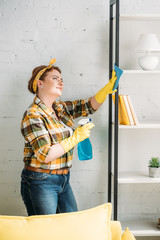 beautiful woman dusting shelves at home