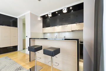 Kitchen in open plan hotel apartment interior