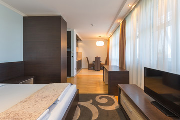 Kitchen in open plan hotel apartment interior