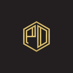 Initial letter PD, PO, minimalist line art hexagon shape logo, gold color on black background