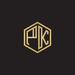Initial letter PK, minimalist line art hexagon shape logo, gold color on black background