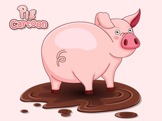 Cute Cartoon Pig in a puddle. Vector illustration with cartoon Funny pig