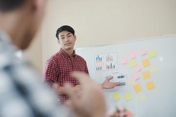 Handsome young businessman wearing casual plaid shirt sit. He is standing making presentation  next to paper whiteboard in office, looking at his audience and smiling. Business meeting