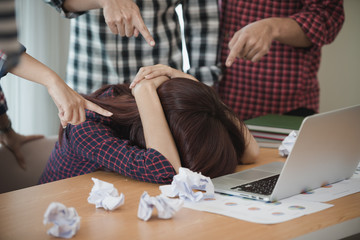 Group Businessman complaining. Hands pointing at woman blame her for mistake work.