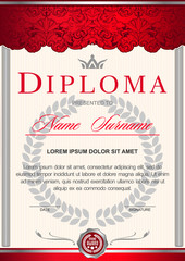 diploma vertical in the Royal style Vintage, Rococo, Baroque. Decorated with classic floral ornament, columns, flouris, crown.  red and silver colors