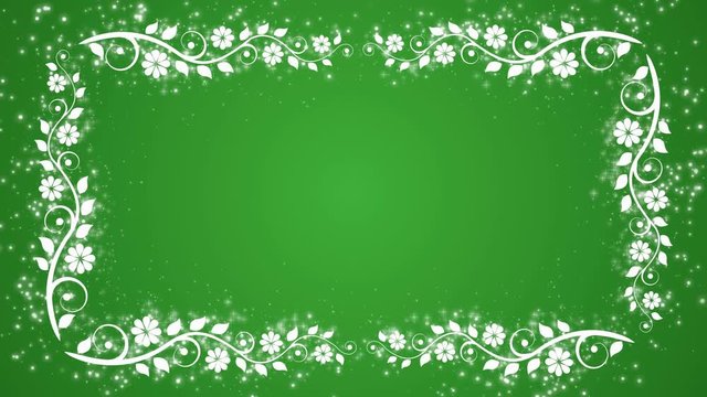 Abstract green background with flower frame and glowing particles