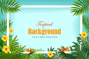 Exotic tropical leaf and frower border background in greeting template.