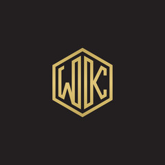 Initial letter WK, minimalist line art hexagon shape logo, gold color on black background