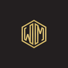 Initial letter WM, minimalist line art hexagon shape logo, gold color on black background