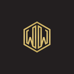 Initial letter WW mirror, minimalist line art hexagon shape logo, gold color on black background