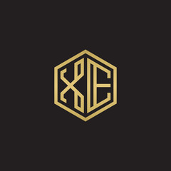 Initial letter XE, minimalist line art hexagon shape logo, gold color on black background