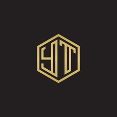 Initial letter YT, minimalist line art hexagon shape logo, gold color on black background