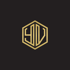 Initial letter YV, minimalist line art hexagon shape logo, gold color on black background