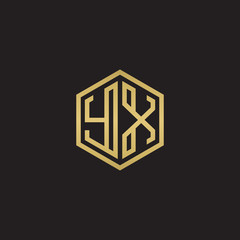 Initial letter YX, minimalist line art hexagon shape logo, gold color on black background
